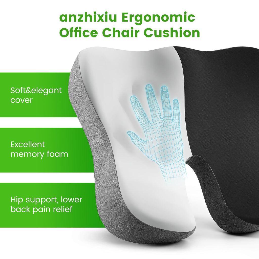anzhixiu Wheelchair Seat Cushion, Deep U Relieve Sciatica, Back, Coccyx, Hemorrhoids Pain- Slope Curve Office Chair Cushion for Long Sitting Time- Black/Gray