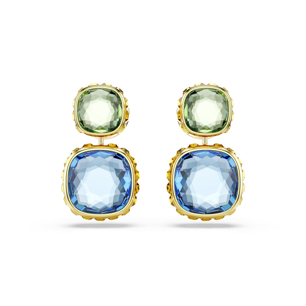 Swarovski Chroma drop earrings, Cushion cut, Multicolored, Gold-tone finish