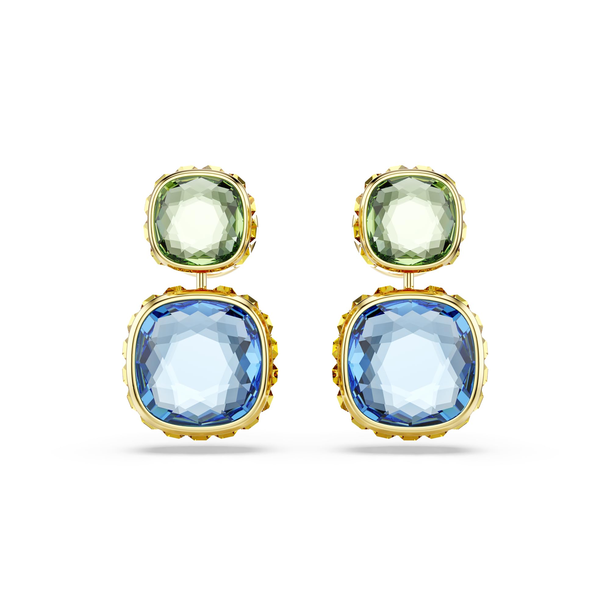 Swarovski Chroma drop earrings, Cushion cut, Multicolored, Gold-tone finish