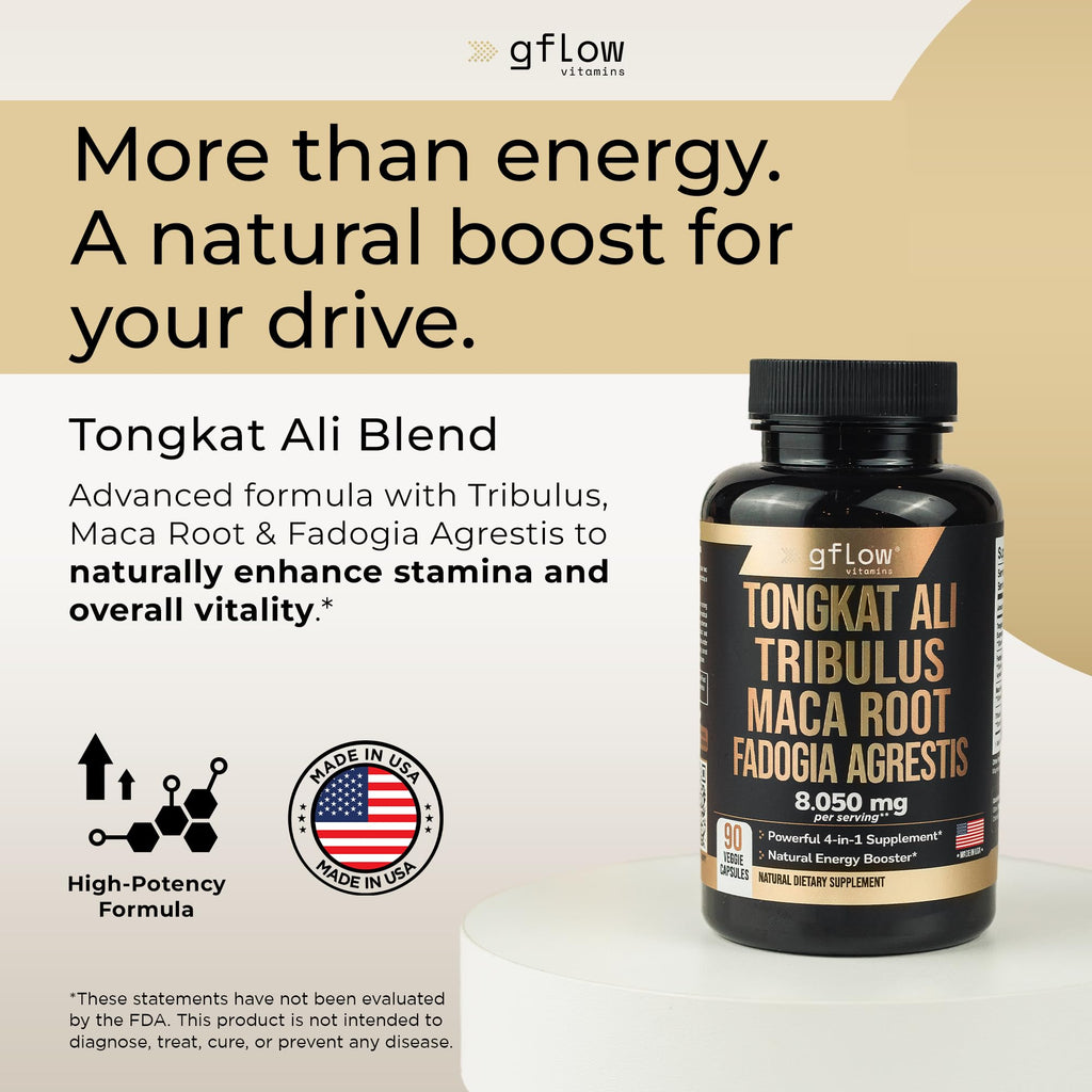 gflow vitamins Tongkat Ali for Men & Women- Extra Strength Formula with Fadogia Agrestis and Tribulus with Maca Root - Stamina, Vitality, Energy, Mood Support | Made in USA