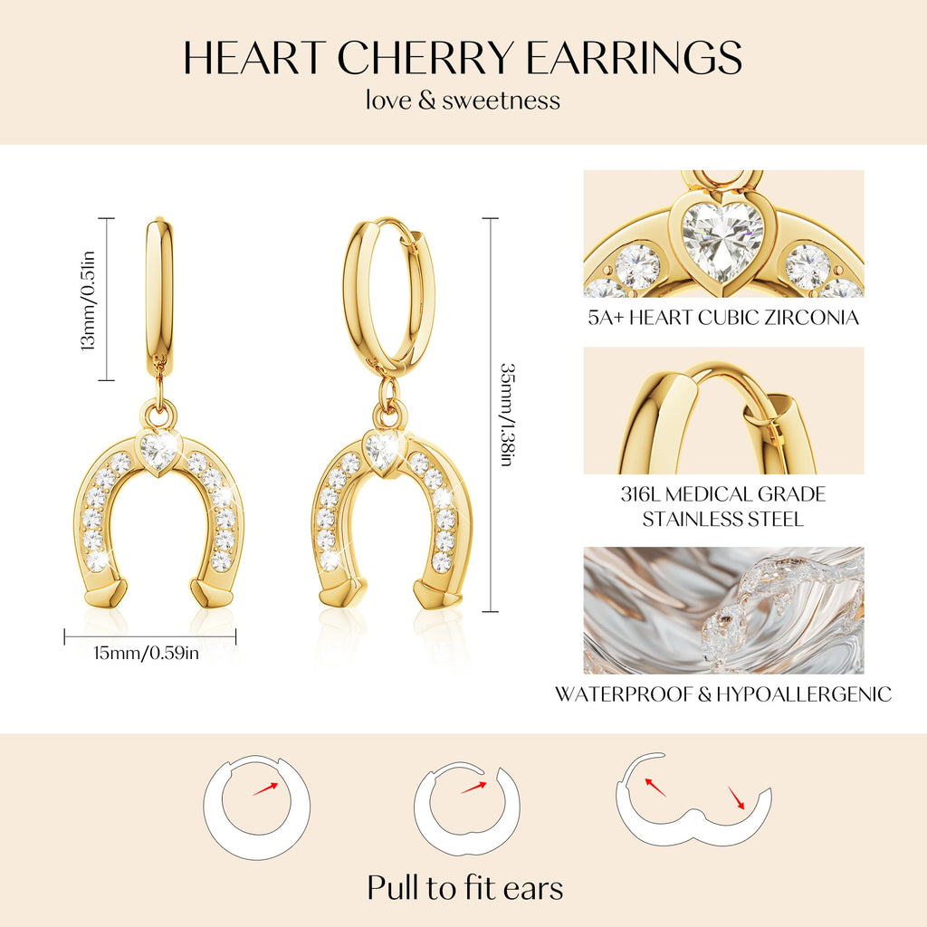 Gold Dangle Earrings for Women,Horseshoe Hoop Huggie Earrings with Heart Cubic Zirconia Hypoallergenic Lightweight Dangling Earrings Lucky Jewelry Gifts Perfect for Christmas,Birthday,Anniversary
