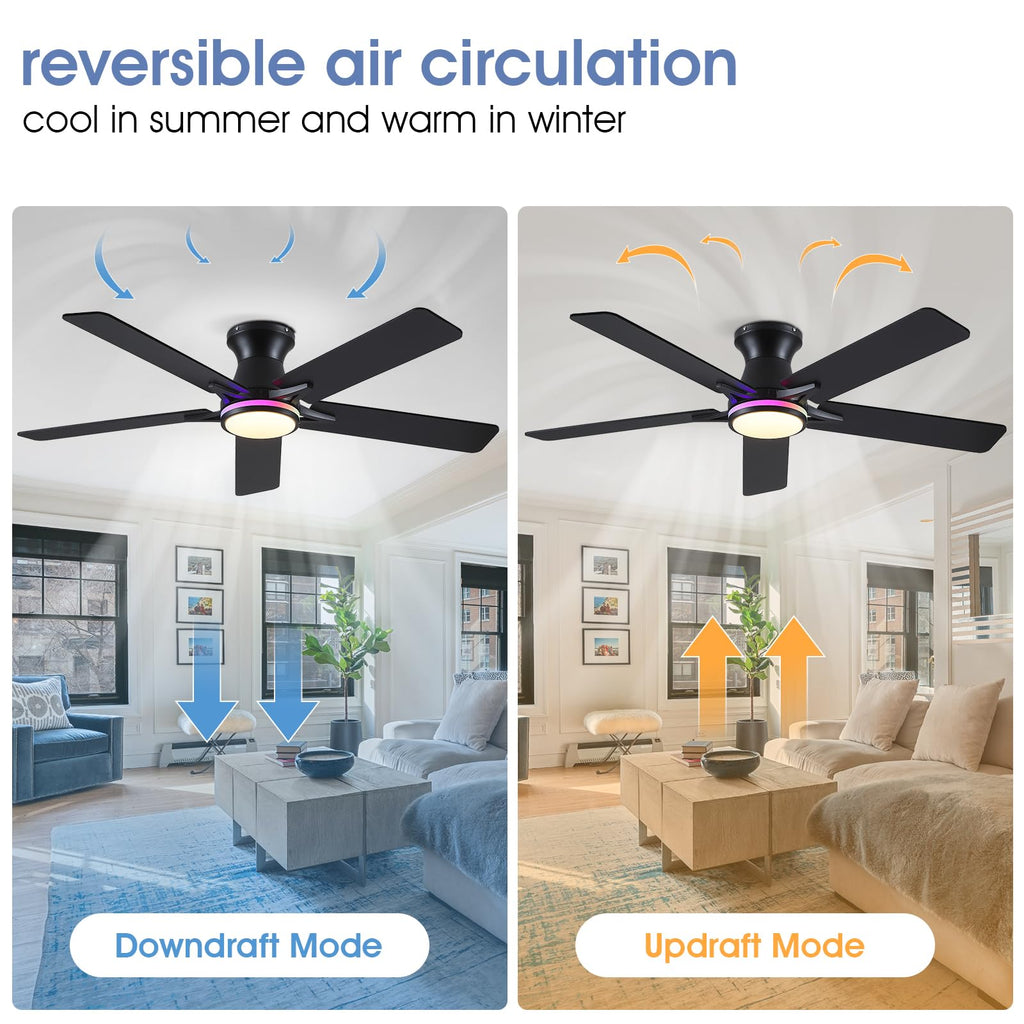 Goniyado 52" RGB Ceiling Fans with Lights and Remote/APP,Black Low Profile Ceiling Fans,Modern Flush Mount Ceiling Fans for Bedroom Kids Room