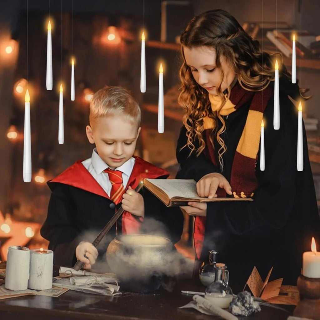 kakoya Flameless Floating Candles with Wand，12 Pcs Magic LED Hanging Taper Candles，Flickering Battery Operated Taper Candle with Wand Remote for Halloween Decorations Best Gift（White）