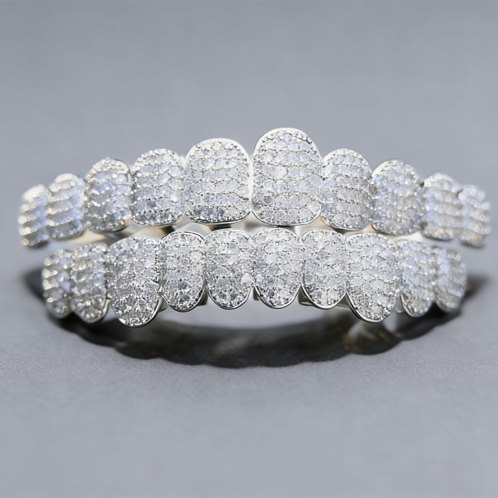 Custom Diamond Grillz for Men - Iced Out Detachable Gold & Silver Teeth Covers - Bling Hip Hop Mouth Jewelry (Silver)