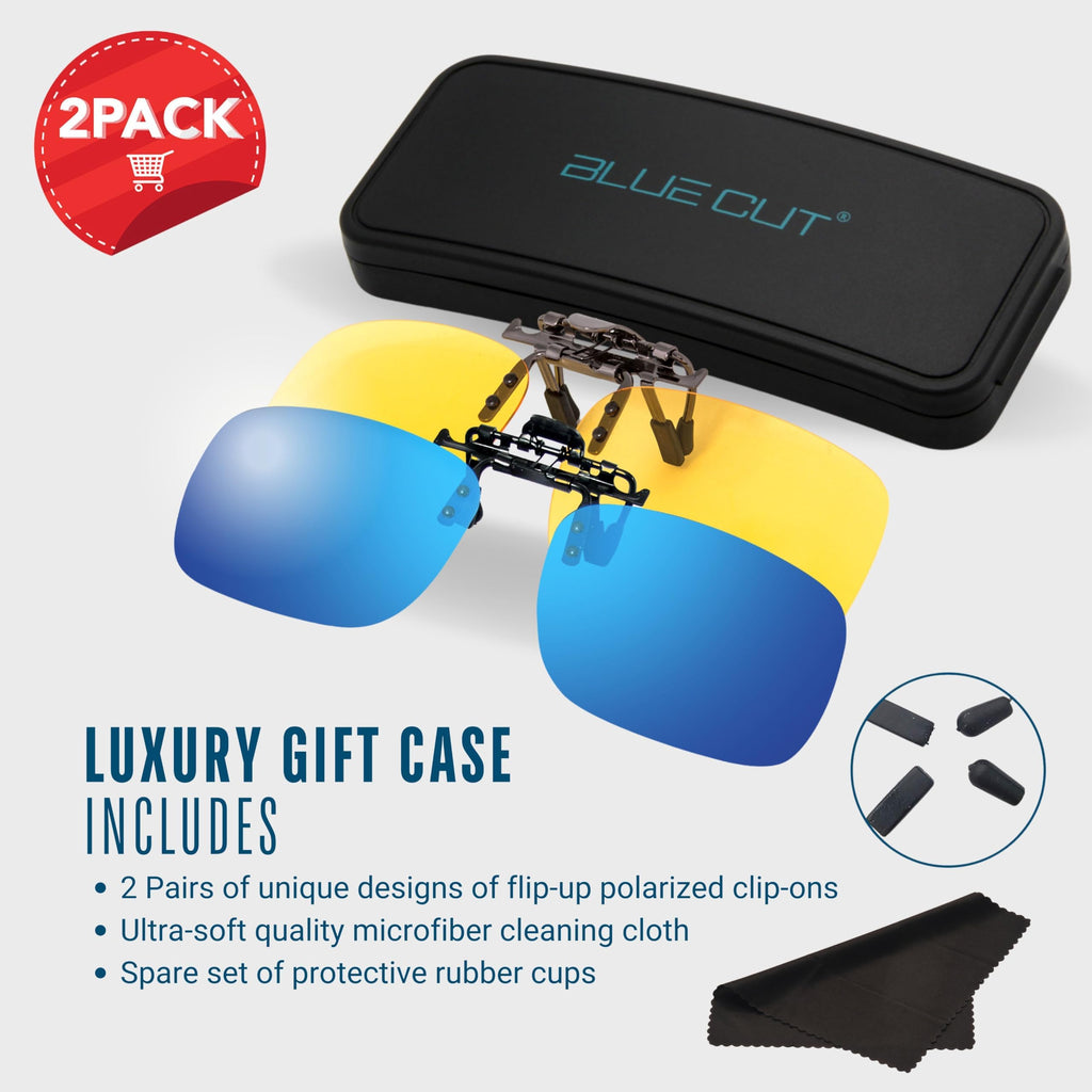 BLUE CUT Clip on Polarized Night vision Glasses Flip up Sunglasses UV-400 to Wear Over prescription Glasses for night driving