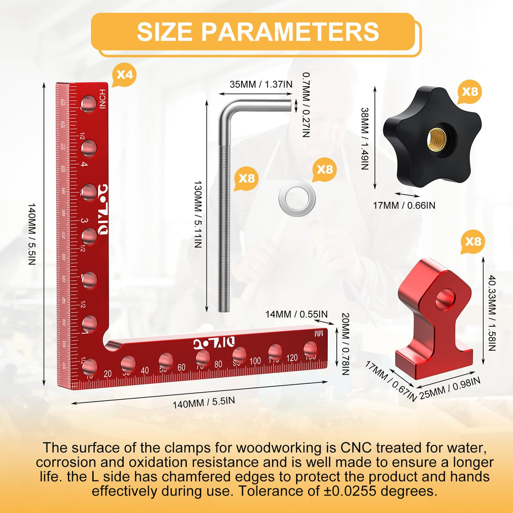 DIYLOG Corner Clamp for Woodworking, 90 Degree Corner Clamp, 4 Pack 5.5"x 5.5" Aluminum Alloy Right Angle Woodworking Tools, Positioning Squares for Picture Frame, Box, Cabinets, Drawers