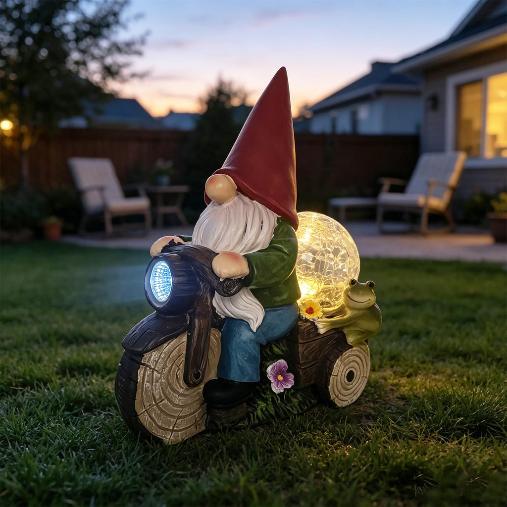 SAMPU CRAFT Garden Gnome on Motorcycle with Solar Powered Light,9.8IN