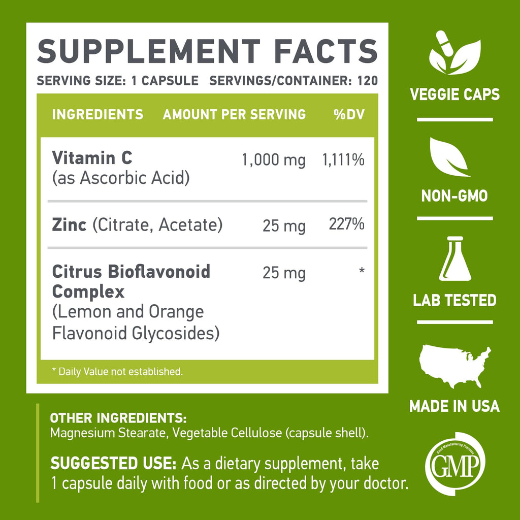 MUSCLE FOOD LABS | Vitamin C + ZINC | C - 1000 | VIT C 1000mg | Zinc 25mg | Citrus Bioflavonoids 25mg | Non-GMO & Gluten Free | 120 Capsules
