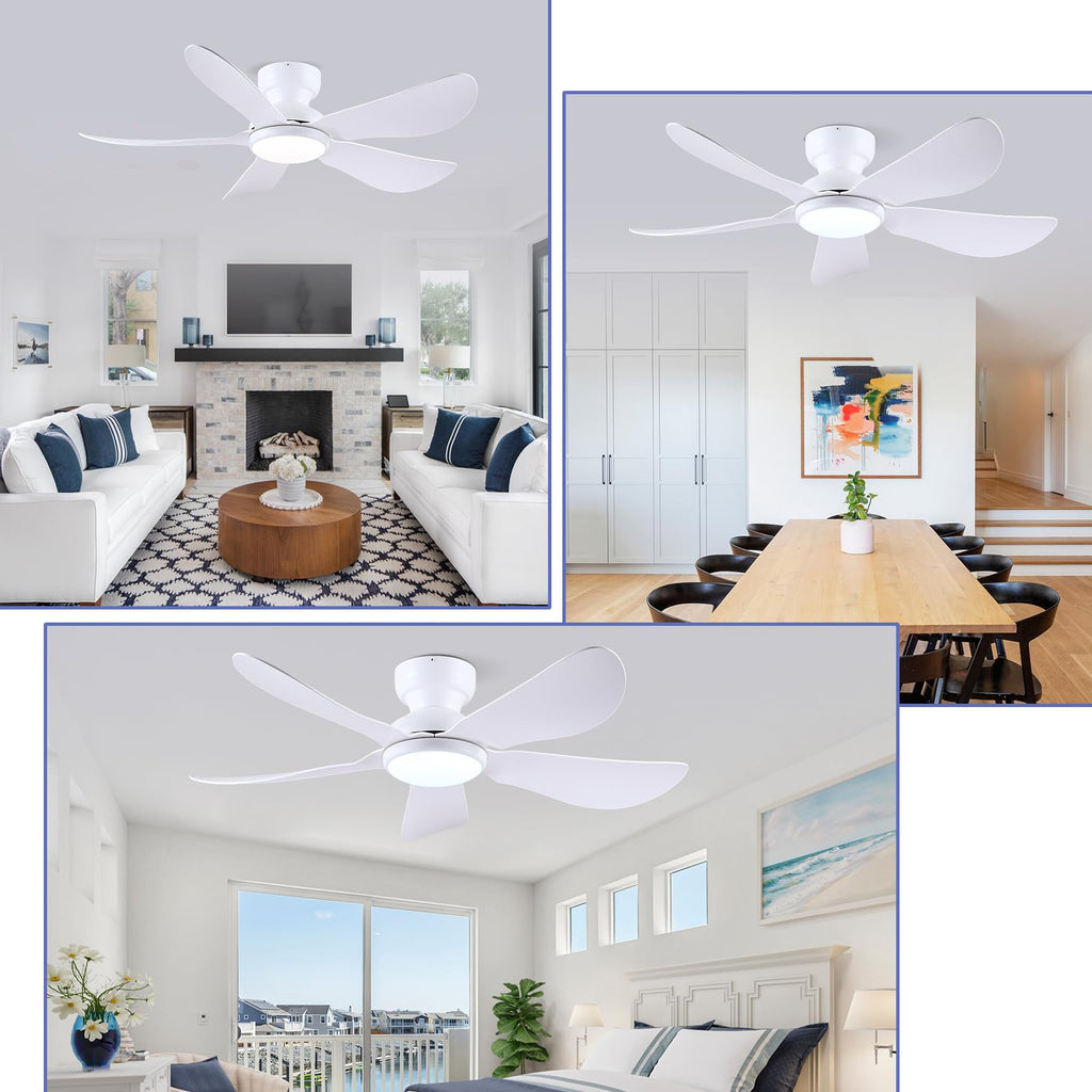 Kviflon 46 Inch Modern Ceiling Fans with Lights, Flush Mount Ceiling Fan with Light and Remote/APP Control, 5 Reversible 6 Speeds Curved Blades, 3 CCT Dimmable Lights for Bedroom, White