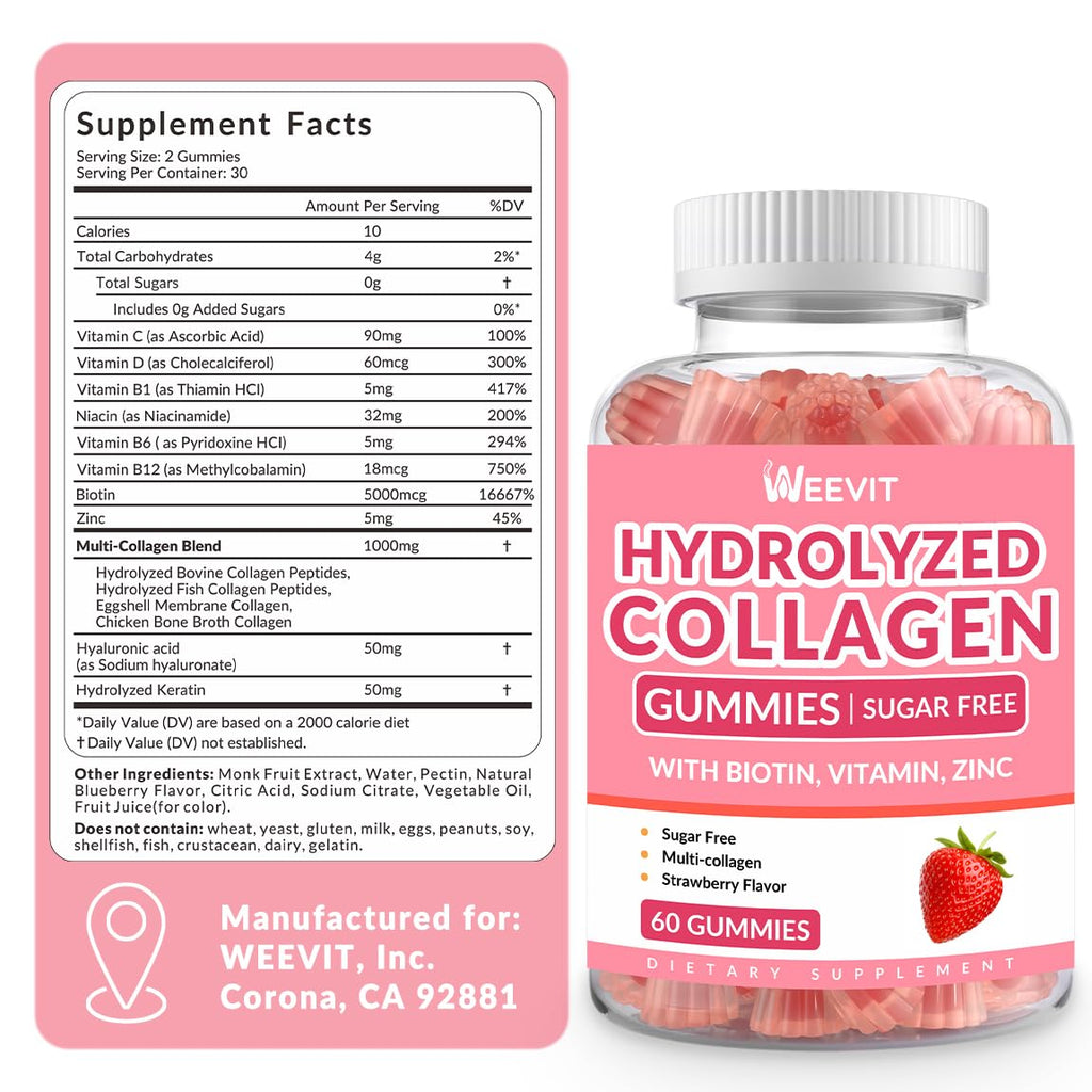 Sugar Free Collagen Gummies for Women, Collagen Protein Type I,II,III,V,X with Biotin Vitamin C D B12, Hydrolyzed Collagen Peptides Gummies for Immune Digestion Skin Hair Nails Energy Bone