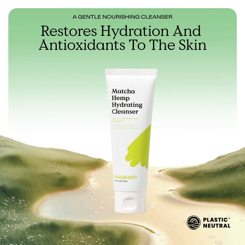 KraveBeauty Matcha Hemp Hydrating Cleanser for Sensitive Skin, 2 Pack, Gentle, Non-Stripping Face Wash with Matcha, Hemp Seed Oil & Glycerin, Fragrance Free, 2 x 120ml
