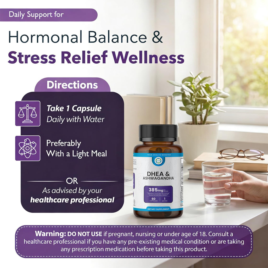 TRUEMED DHEA & Ashwagandha Supplement 385mg – Ashwagandha 250mg, DHEA 10mg, Vitamin C & B6 – Supports Relaxation, Natural Energy & Balanced Mood – Made in USA, 60 Vegan Capsules