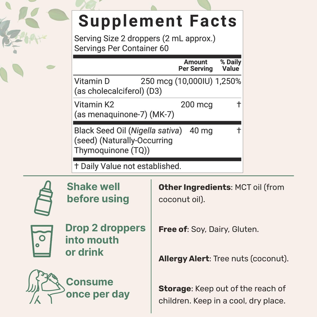 Micro Ingredients 2 Pack Vitamin D3 10000 iu + K2 (MK-7) 200 mcg Drops, 4 fl oz | Plus Black Seed & MCT Oil | 4-in-1 Bone, Immune, & Heart Health Support | Easy Absorption