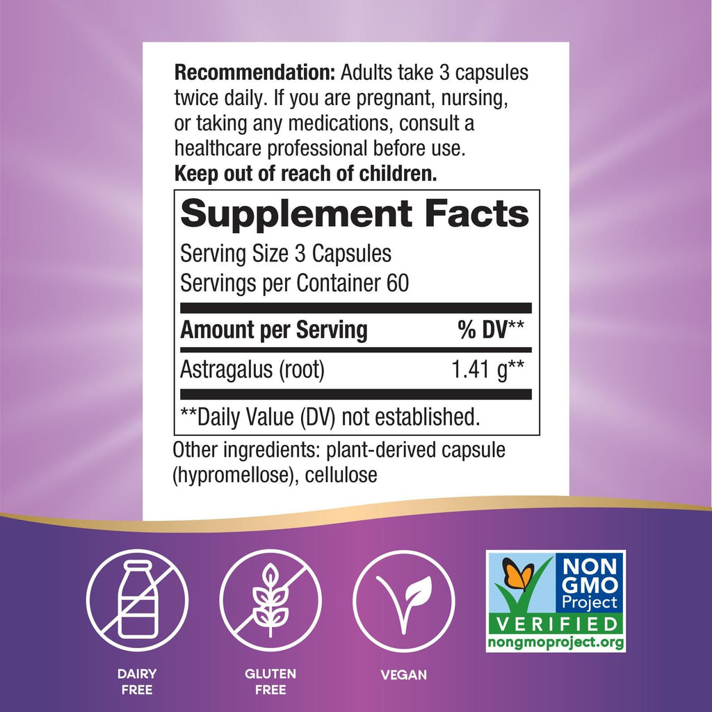 Nature's Way Astragalus Root, Traditional Immune Support*, 1,410 mg per 3-Capsule Serving, Non-GMO Project Verified, Vegan 180 Capsules (Packaging May Vary)