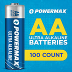 Powermax 100-Count Double AA Batteries, Ultra Long Lasting Alkaline Battery for Home and Office, 10-Year Shelf Life, Reclosable Packaging