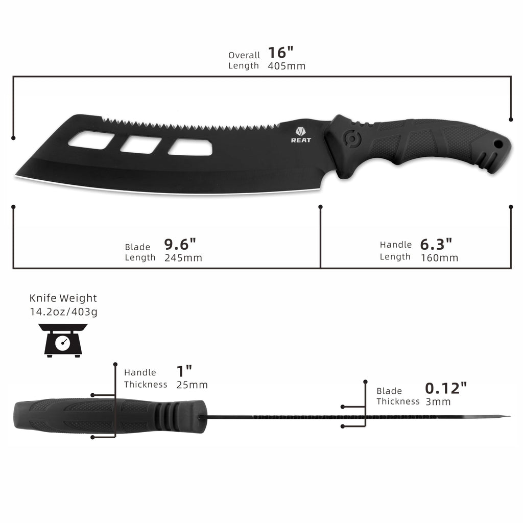 REAT Machete with Saw,16" Heavy Duty Machete with Sheath, Dual-Purpose Hunting Knife for Chopping and Sawing,Ergonomic No-Slip Handle,Machetes for Yard Work,Cutting Trees,Bushcraft,Gifts for Men,Women