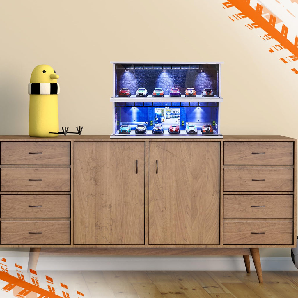 Tujoe 2 Pcs Hot Diecast Wheels Garage Display Case with LED Light and Acrylic Cover 1/64 Scale Diecast Toy Cars Storage Case Holds Max 12 Cars for Model Toy Car Storage Collector (Depot)