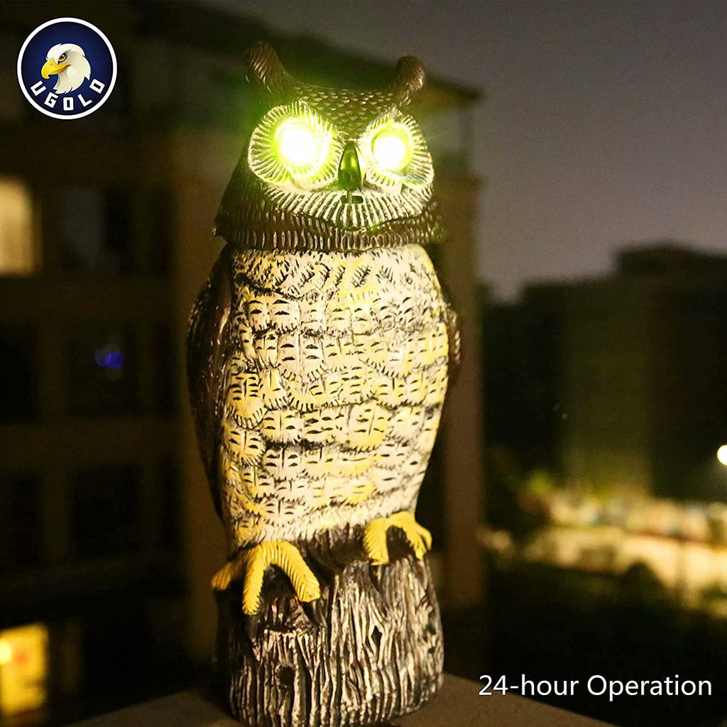 Ugold Solar Powered Owl with Motion Detection, Silent Mode, Flashing Eyes, Rotatable Head and Realistic Hoots, Plastic Owl Decoration for Home, Garden, Patio and Fence
