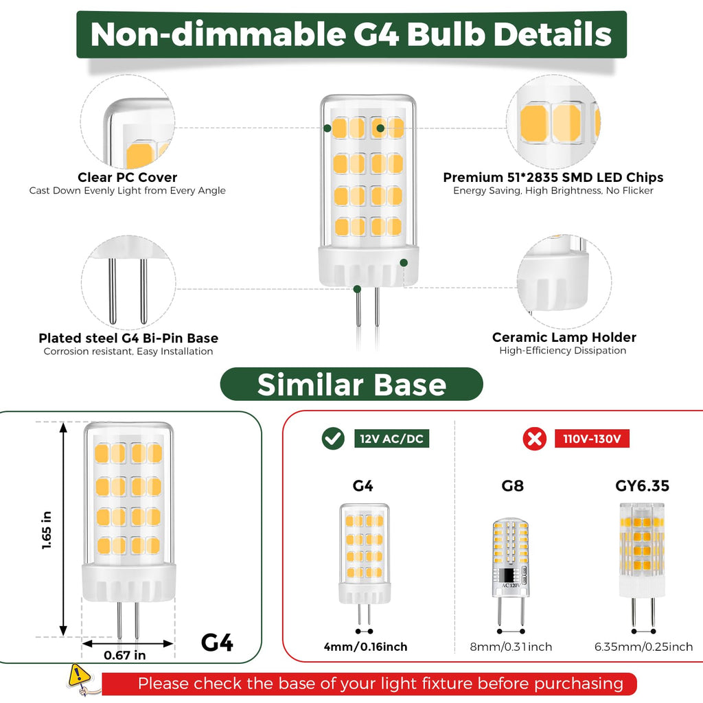 Gardencoin G4 LED Bulb 4W 480LM 2700K Warm White, 12V AC/DC, 360° Beam Angle, T3 Halogen Replacement, High-Efficiency Ceramic Base for Landscape, Cabinet, Ceiling Lights, 10 Pack