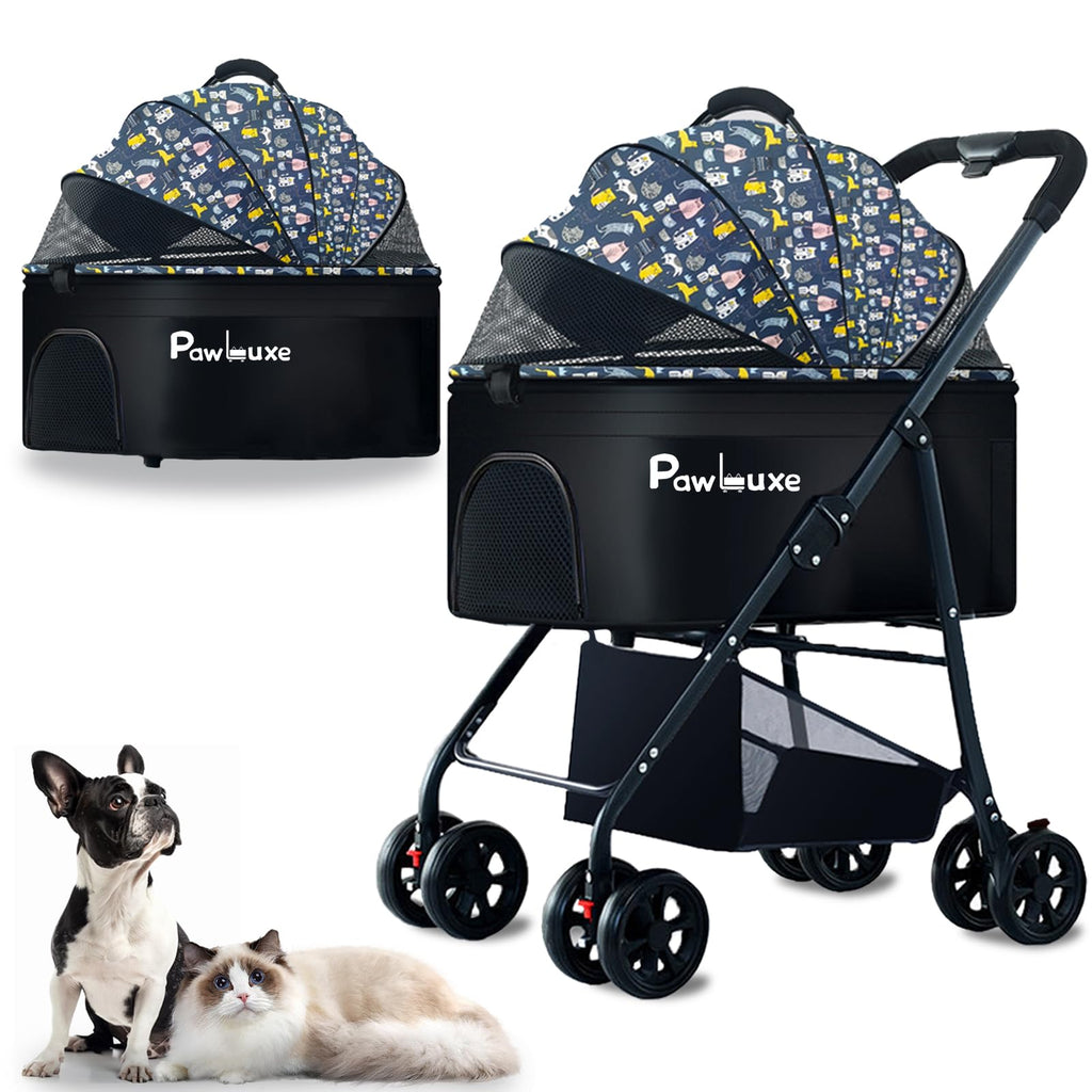 PawLuxe 4 Wheels Pet Stroller 4 in 1 Pet Stroller with Detachable Carrier for Small & Medium Dogs Cats up to 55 lbs Easy-Folding Travel Dog Wagon with Car Seat Breathable Mesh,Blue Cartoon
