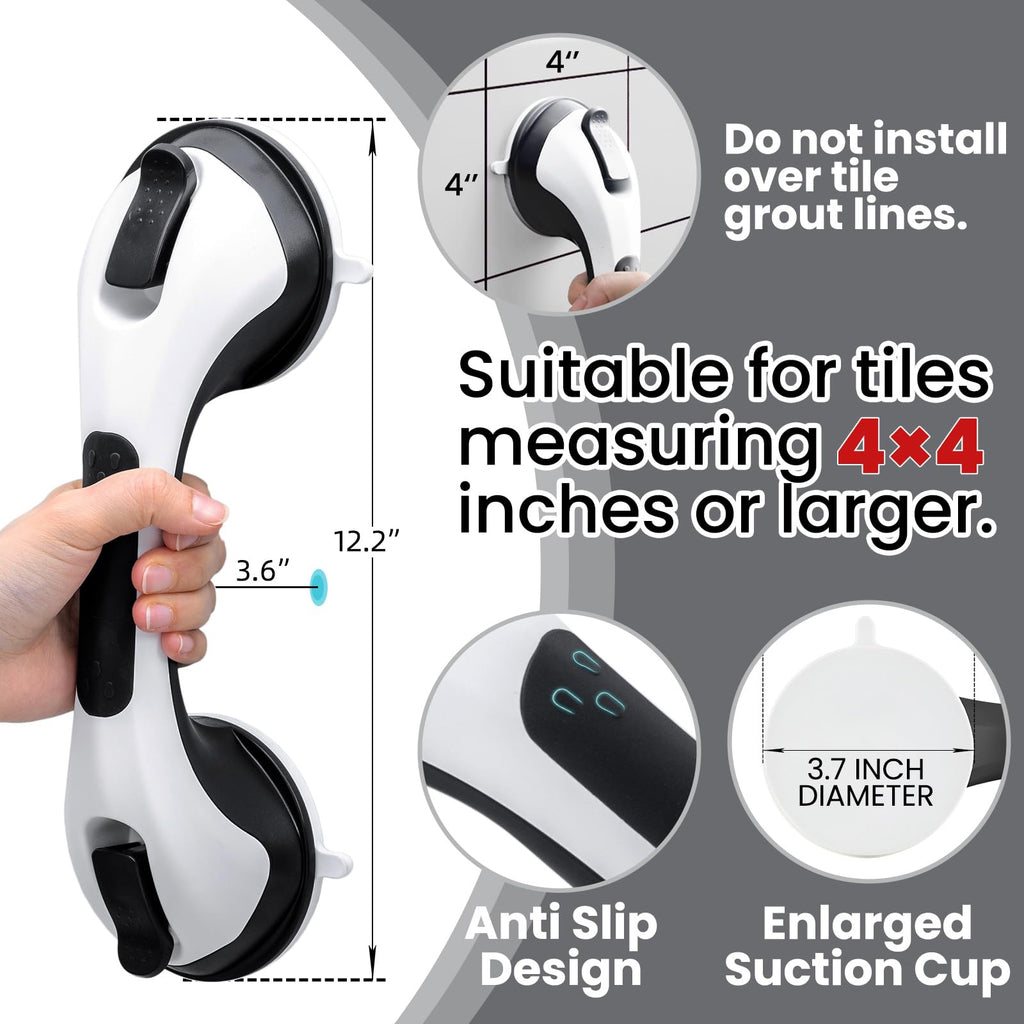 TAILI Shower Handles for Elderly Suction, 2 Pack 12 Inch Shower Grab Bars for Seniors, Grab Bars for Bathtubs and Showers, No Drilling Removable Safety Shower Grip, Black