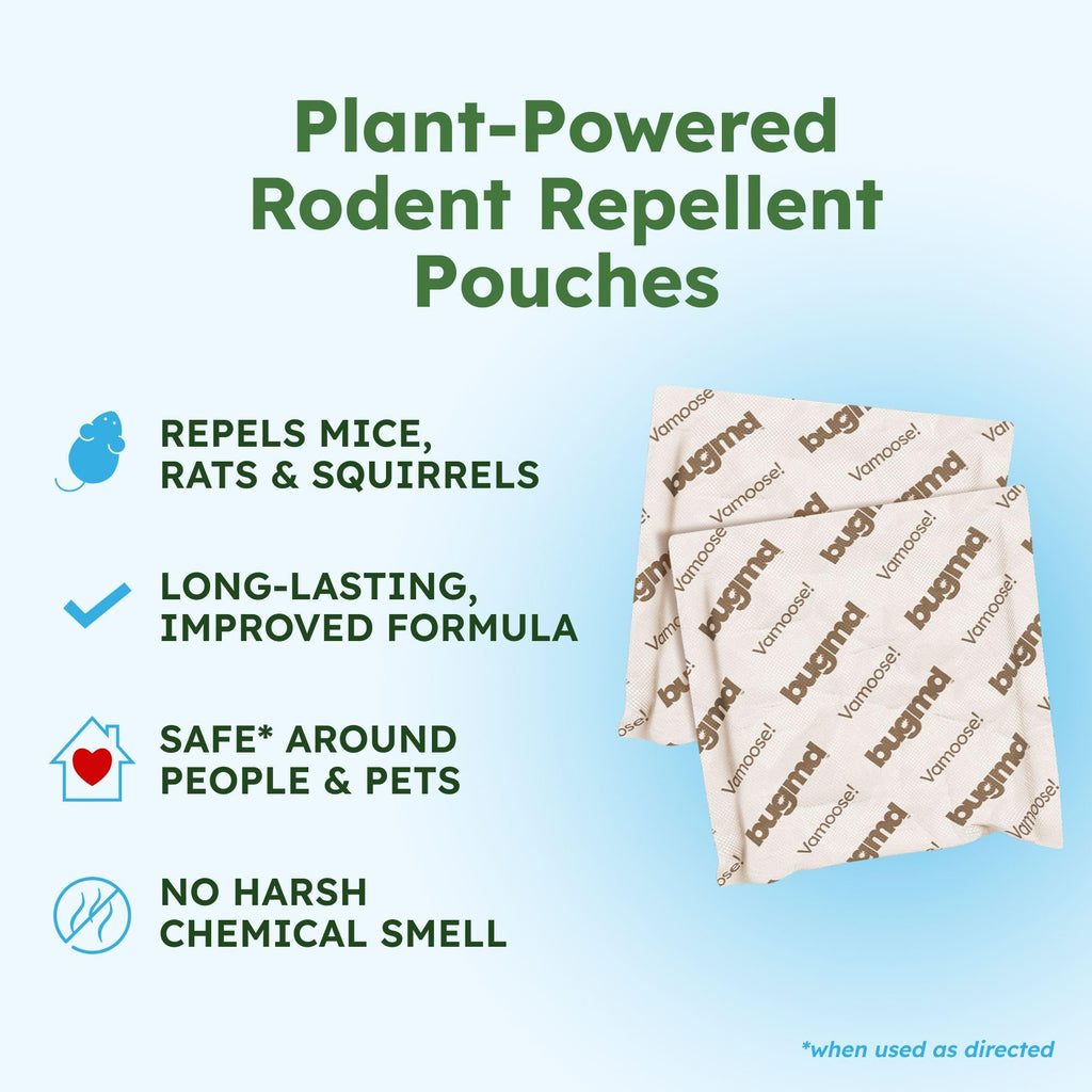 BugMD Vamoose! Plus Peppermint Oil Mouse Repellent Pouches | Natural Mice Repellent Indoor & Rat Deterrent for House, Garage, RV, Car & Storage | Plant-Powered Rodent Control - 2 Pack - 8 Pouches