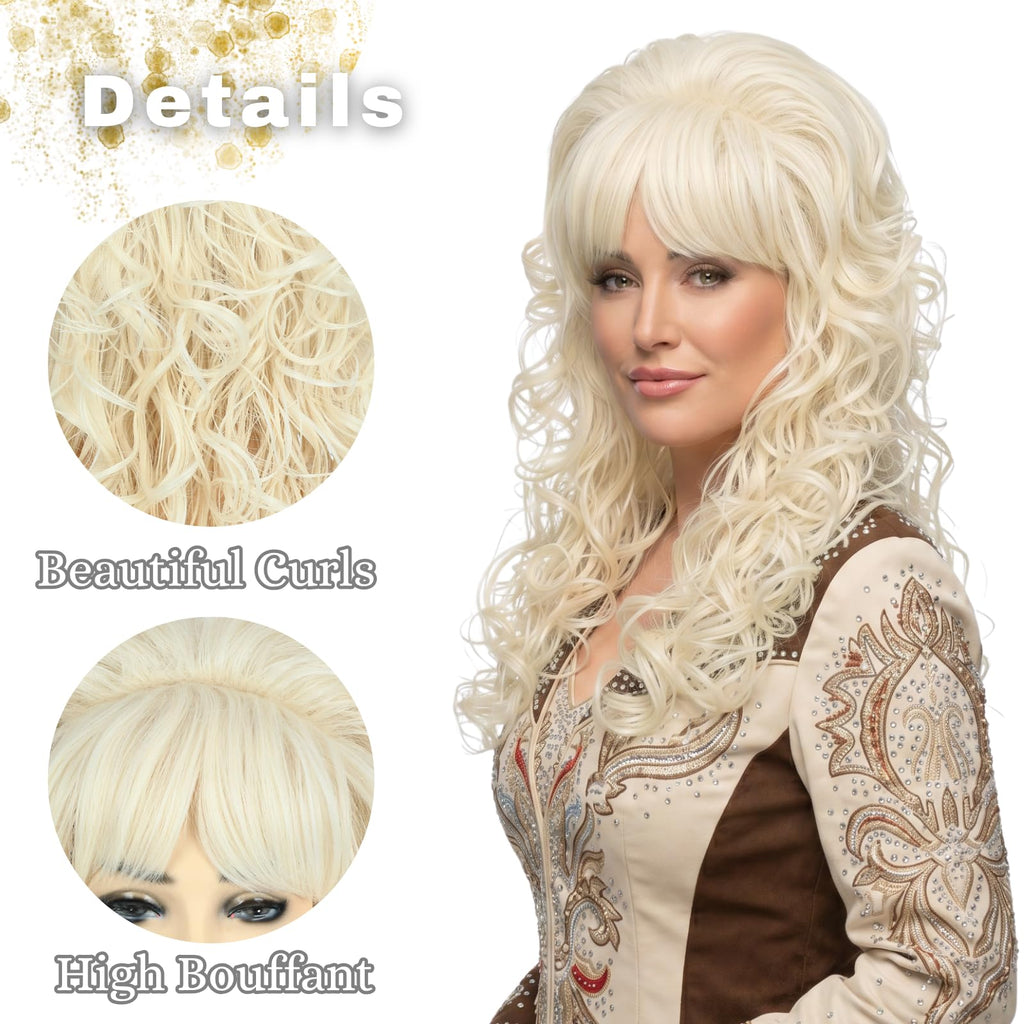 Long Big Blonde Curly Wig with Bangs for Women Costume, 24 Inch Wavy Hair