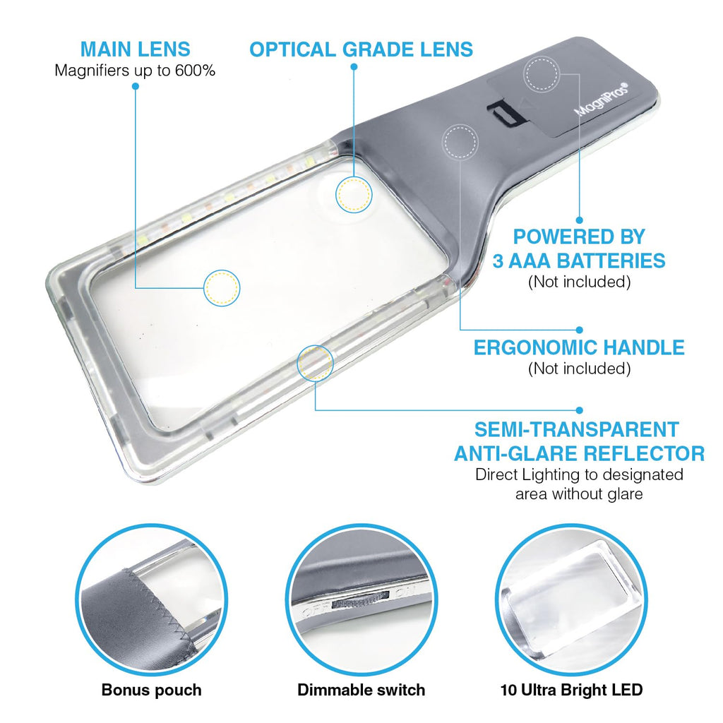 MAGNIPROS Patented 6X Large Magnifying Glass with 3 Color Light Modes | Anti-Glare Lens & Stepless Dimmable LEDs | Perfect for Reading & Inspection - Ideal for Seniors & Low Vision