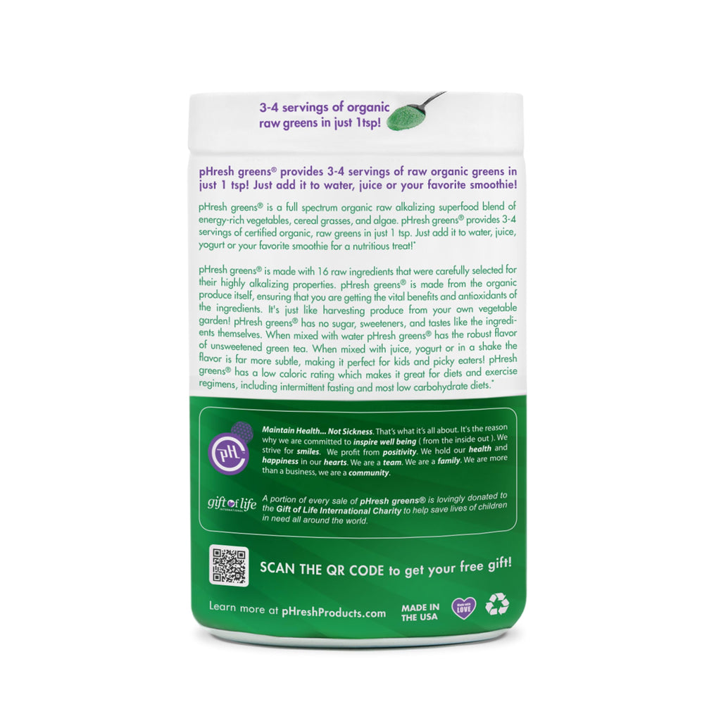 pHresh - Greens Raw Alkalizing Superfood Greens Powder - 2 Month Supply - Vegan, Kosher, Gluten Free - Natural Enzymes, Nutrients - Approved for Intermittent Fasting - 10 oz