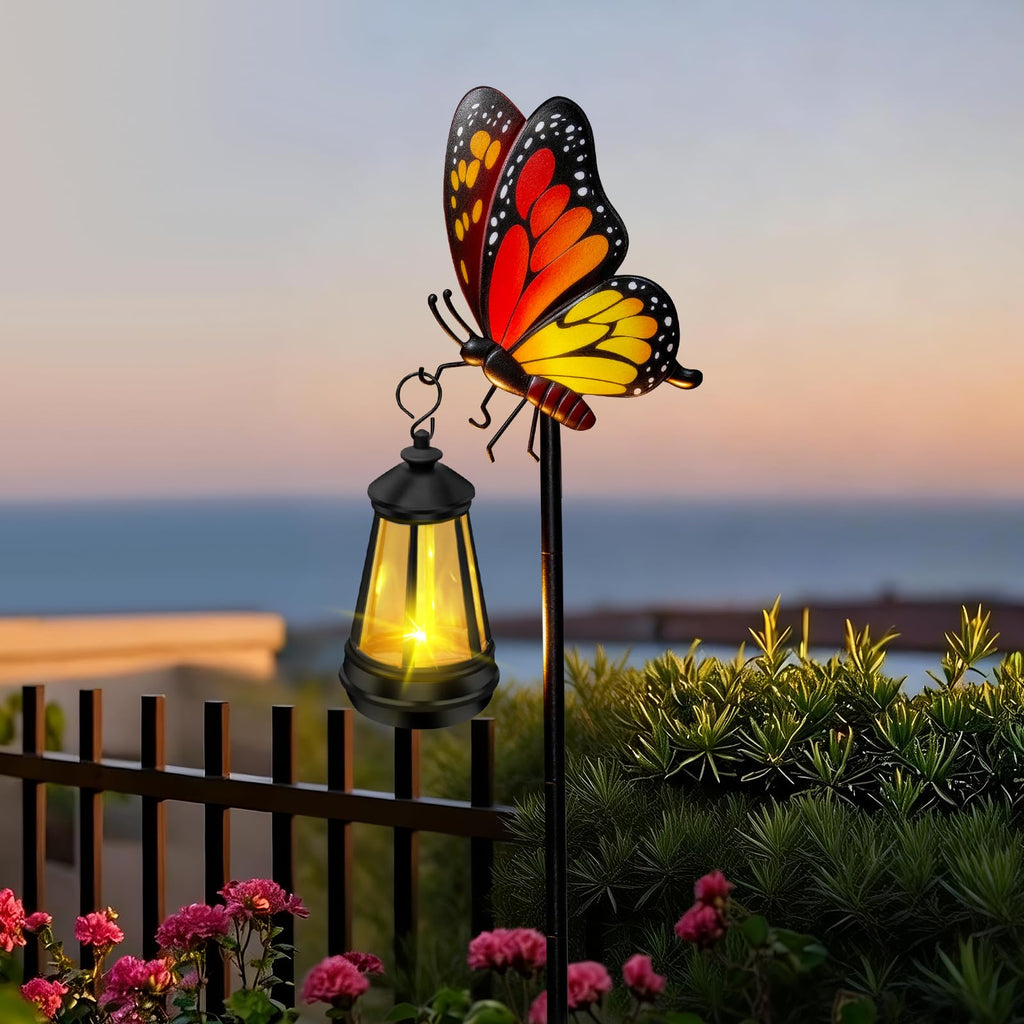 ZFNN Solar Garden Decor Lights Outdoor Waterproof, Metal Butterfly Stakes with Solar Lanterns, Decorative Yard Art for Outside Patio Lawn Ornaments, Gifts for Women Mom（2Pack）