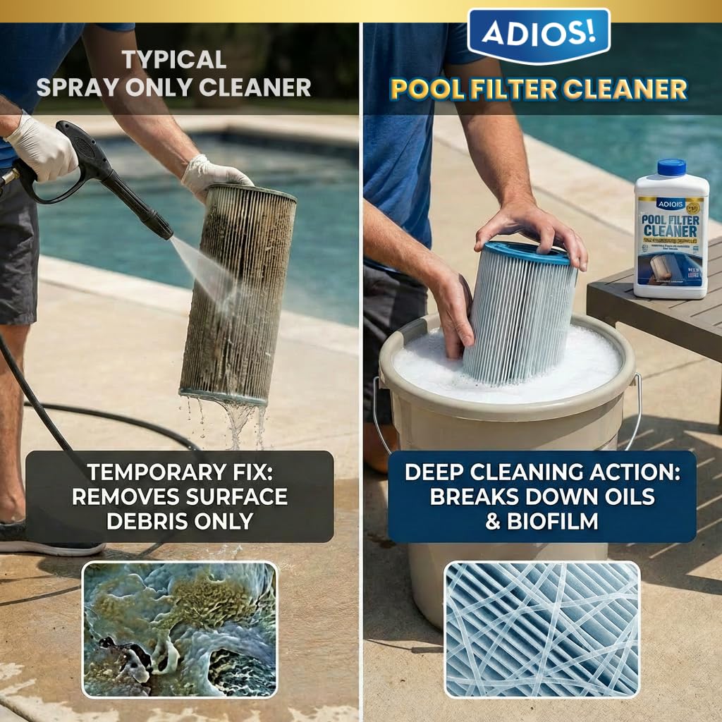 ADIOS! Pool Filter Cleaner, Deep Cleaning Soak Solution for Cartridge, Sand and DE Filters – Degreases and Restores Media (32oz)