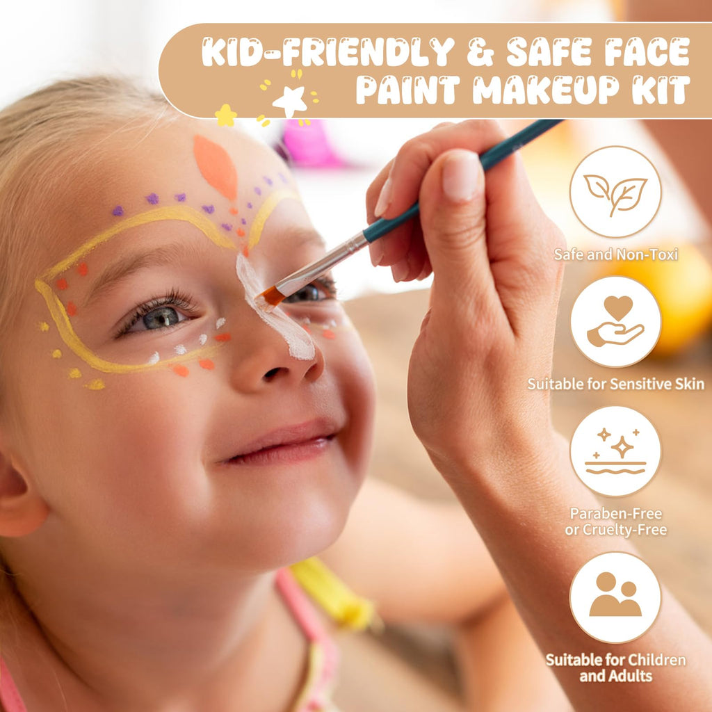 Pintada 54 Color Face Painting Kit for Kids - Non Toxic Water Activated Face Paint Palette with Stencils, Book, Brush & Sponges . For Halloween, Carnival, Party; Costume Makeup for Creative Activities