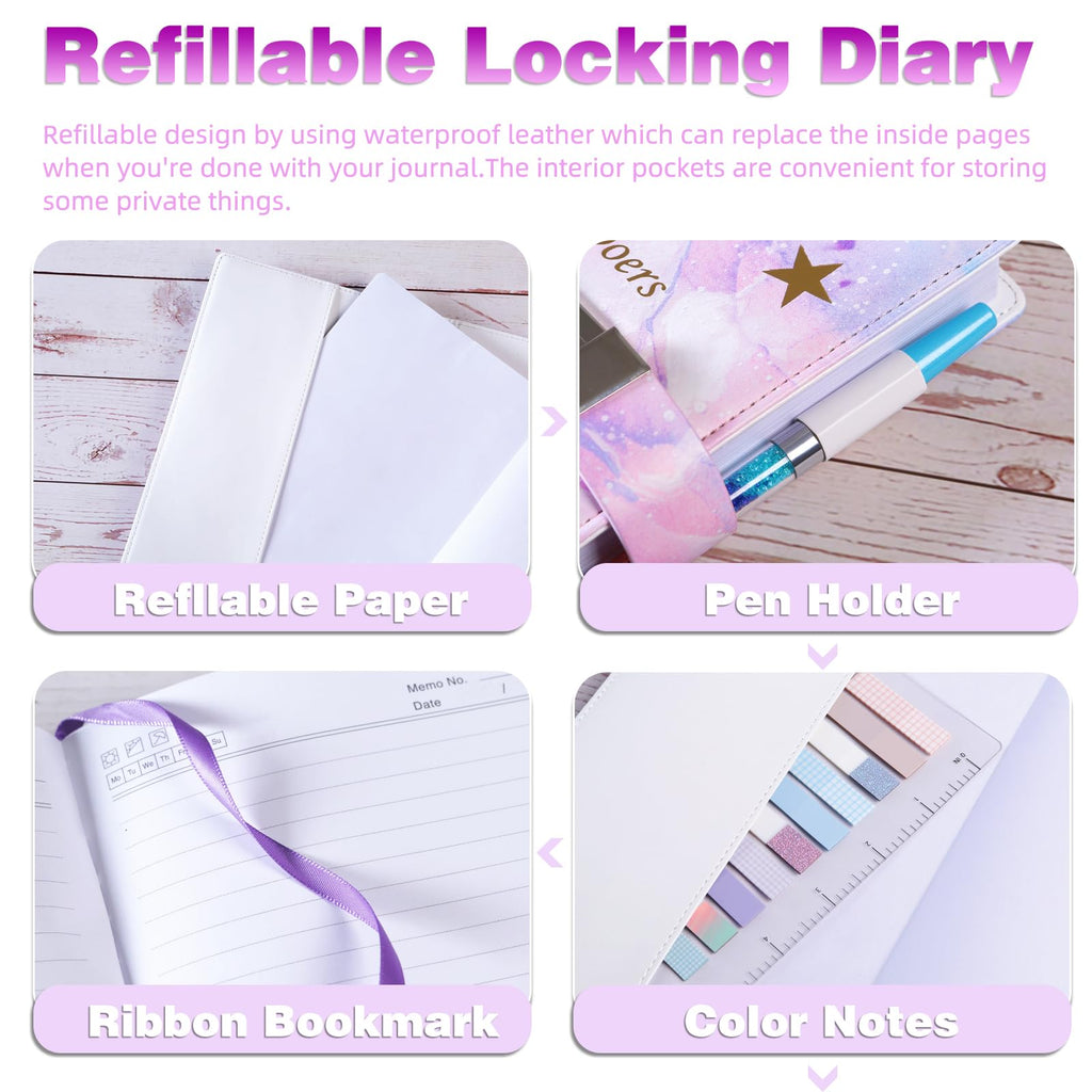Kutoda Diary with Lock, 192 Pages College Ruled Journal with lock, A5 Secret Lock Journal with Pen and Color Notes for Girls Ages 8-12, Birthday Gifts for Girls, Purple