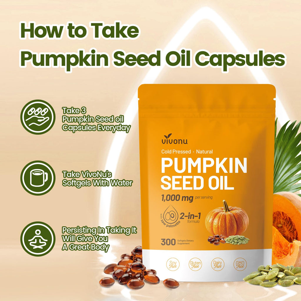 VivoNu Pumpkin Seed Oil with Saw Palmetto Capsules | Cold Pressed, Pure Virgin Oil, Essential Fatty Acids & Phytosterols | 300 SoftgelsSupports Hair, Urinary, Bladder & Prostate Health | Non-GMO