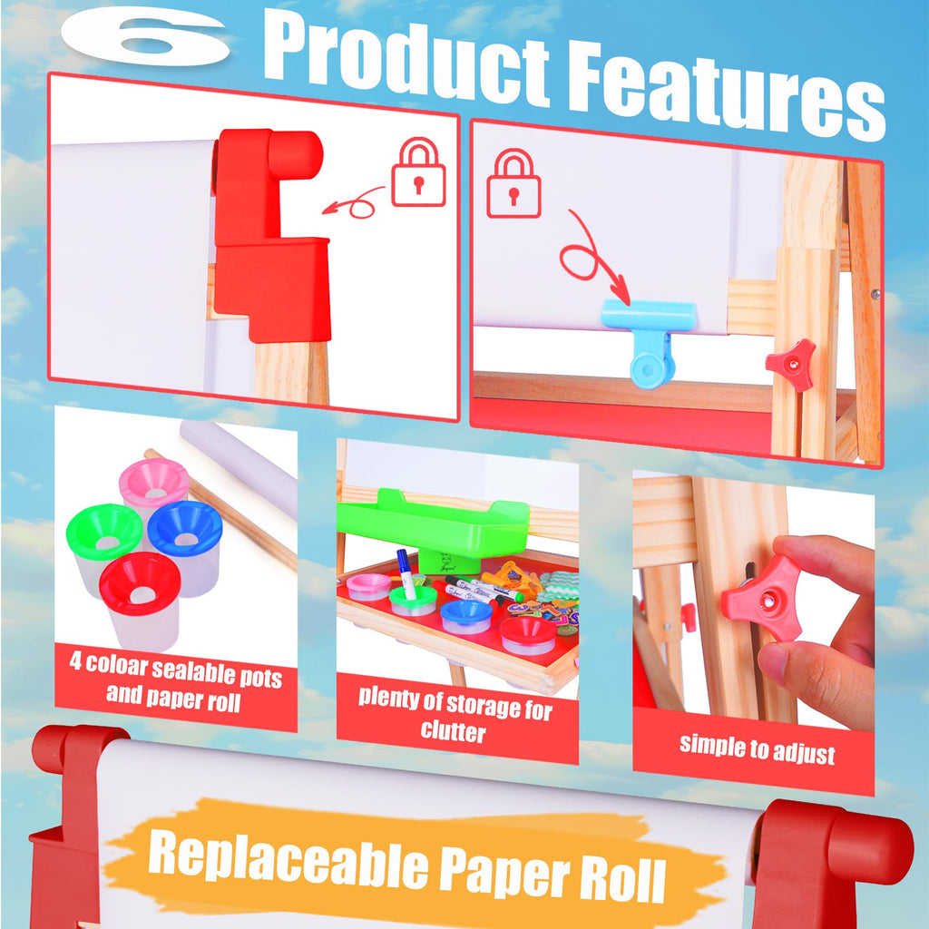 JOYOOSS Kids Wooden Easel with Paper Roll - Adjustable Magnetic Double Sided Drawing Board Whiteboard & Chalkboard Dry Easel Board,Children Art Easel for 3~12 Years Kids Boys Girls Painting Drawing