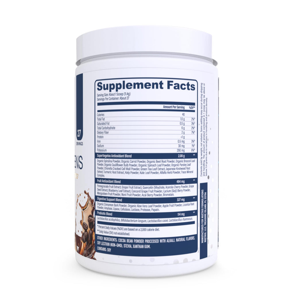 NuEthix Formulations Gourmet Greens Drink Powder Dietary Supplement with Fruit and Vegetable Superfoods and Probiotics, Espresso, 27 Servings