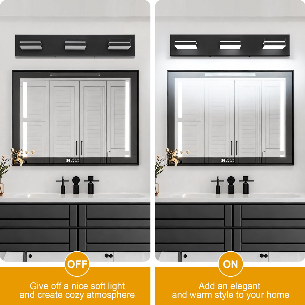 SineRise LED Modern Bathroom Vanity Light Fixtures, Modern Acrylic Bathroom Wall Lighting Fixtures Over Mirror, 3-Light, 24-Inch, Black, White