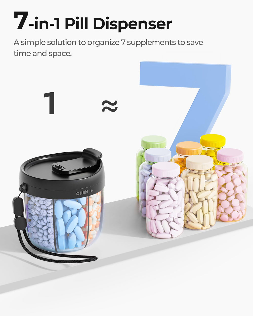 AMOOS Cute Pill Dispenser with 7 Large Compartments, Portable Pill Bottle Organizer with Wide Opening for Easy Use, Anti-Mix Pill Organizer for Travel, BPA-Free Pill Container, Black
