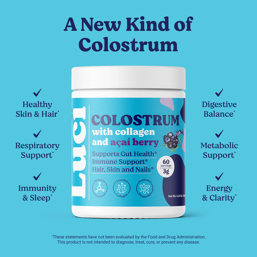 Luci Colostrum Powder 60 Servings 3 in 1 with Collagen Peptides and Acai, Bovine Colostrum for Gut Health, Bloating, Collagen Protein for Muscle, Skin, Hair, Nails and Immunity, Gluten & Fat Free 180g