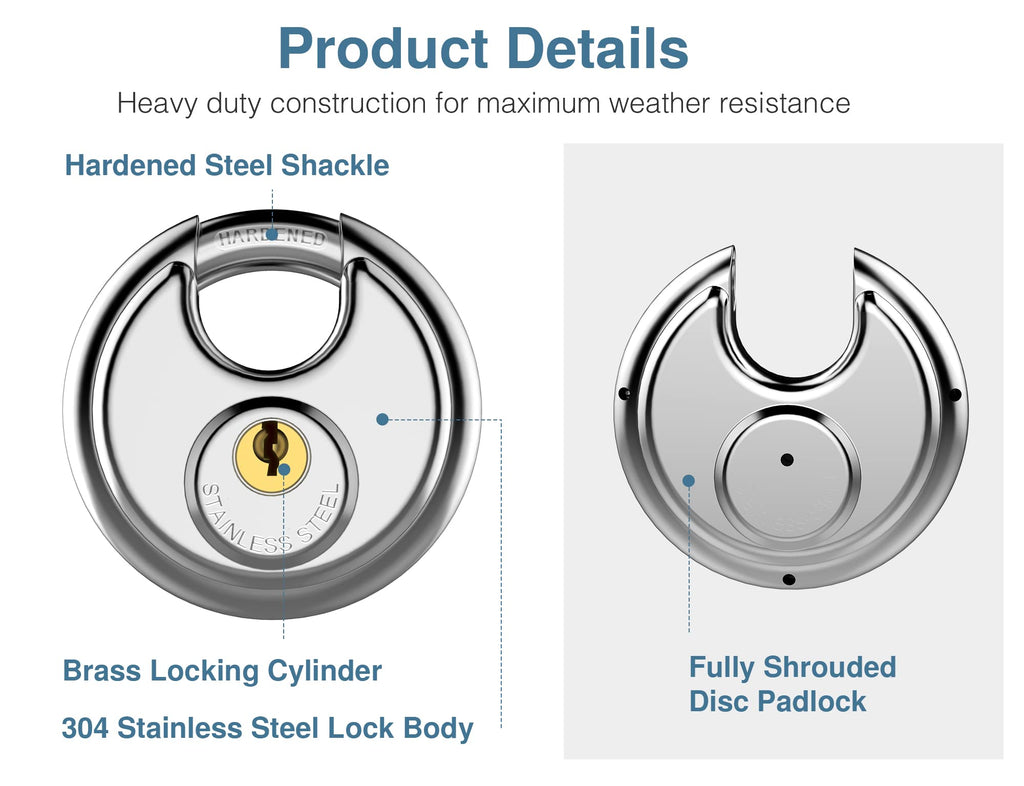 Puroma Keyed Padlock, Stainless Steel Lock Heavy Duty Locks with 6 Keys, Waterproof and Rustproof Storage Lock with 3/8 Inch Shackle for Warehouse, Garage, Storage Locker, and Outdoors (2 Pack)