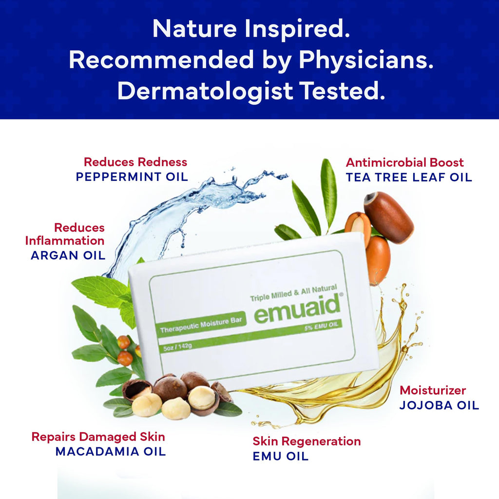 emuaid Therapeutic Moisture Bar – Medicated Face & Body Cleansing Bar for Fungal-Prone Skin, Jock Itch & Irritation Relief, Soothes & Hydrates with 5% Emu Oil, Tea Tree & Natural Oils, 5oz