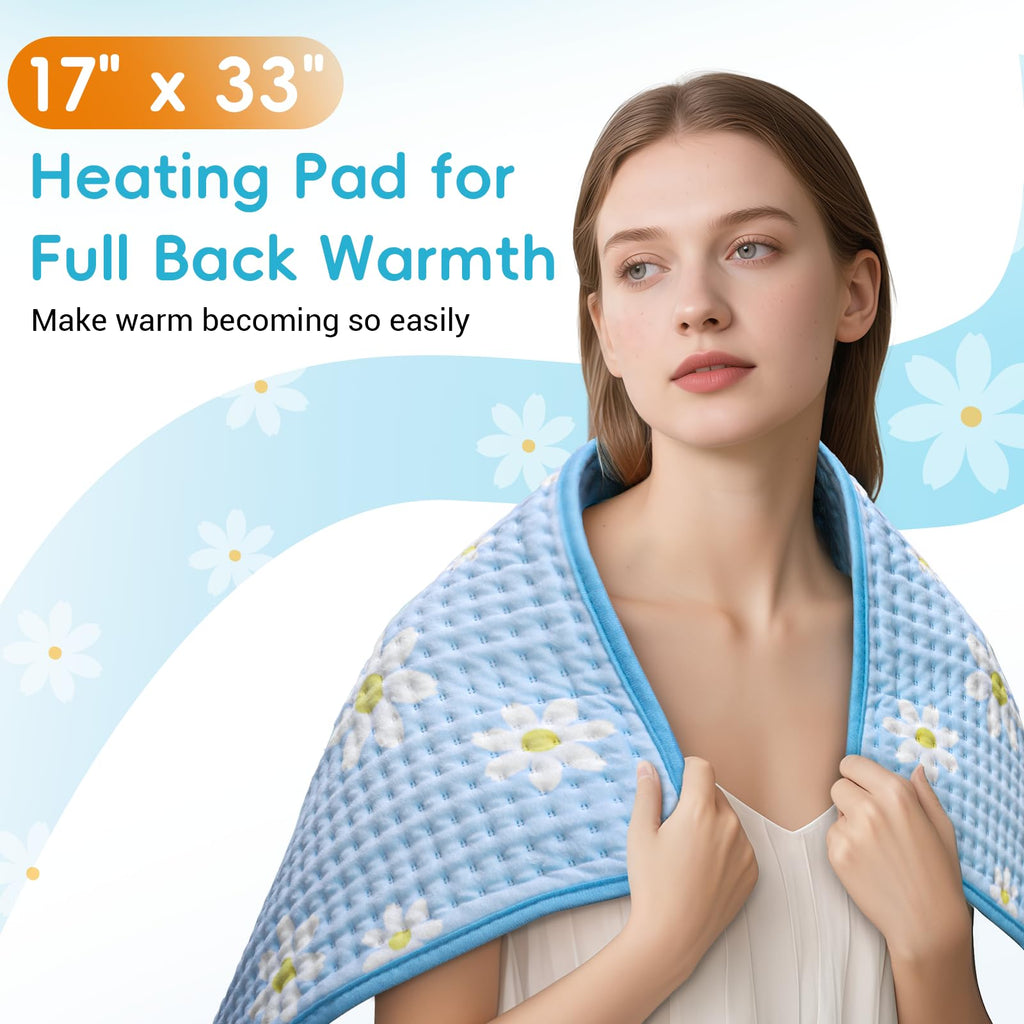 Comfytemp Extra Large Heating Pad for Back & Period, 33''x 17'' King Size Heat Pad Soft and Stylish, FSA Eligible, HSA Approve Electric XL Shoulder/Neck/Knee Heated Pad, Washable (Blue & Daisy Print)