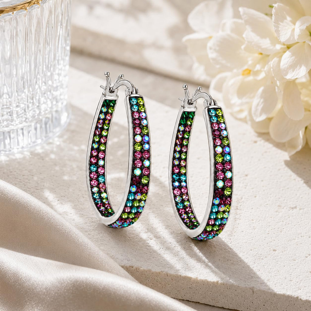 Crystal Hoop Earrings - Silver Plated Inside Out Oval Shape Hoop Earrings for Women, 1.2 Inch (Multiple B)