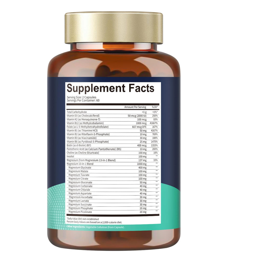 25-in-1 Magnesium Complex with Methylated B Complex, 120 Vegan Capsules per Bottle, 2 Bottles