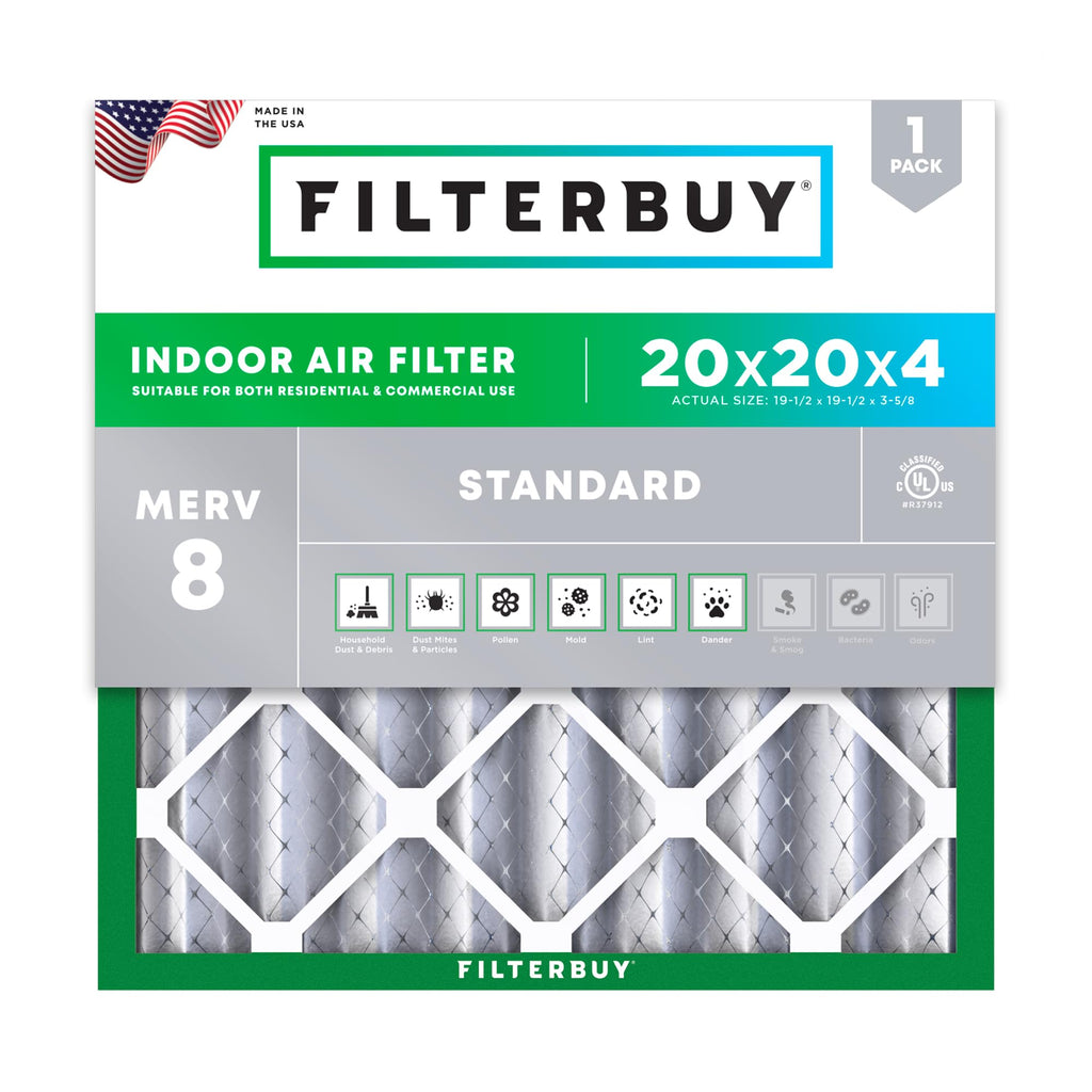 Filterbuy 20x20x4 Air Filter MERV 8 Essential Dust & Allergy Defense (1-Pack), Electrostatic Pleated HVAC AC Furnace Filters Replacement, Made in USA (Actual Size: 19.50 x 19.50 x 3.63)