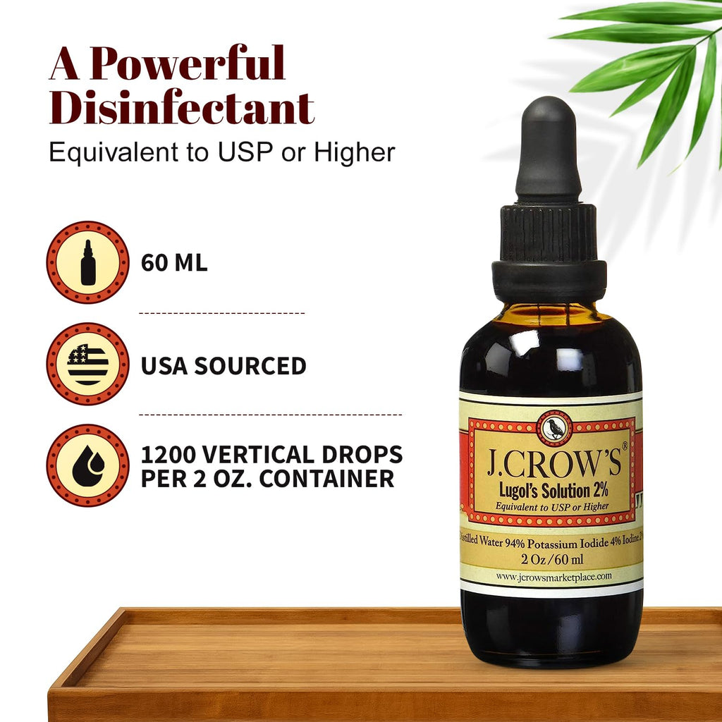 J.CROW'S® Lugol's Solution of Iodine 2% 2 oz (1 Bottle) – Premium Iodine & Potassium Iodide Liquid, Gluten & Alcohol-Free Natural Brine Extract, No Expiration - 1200 Drops
