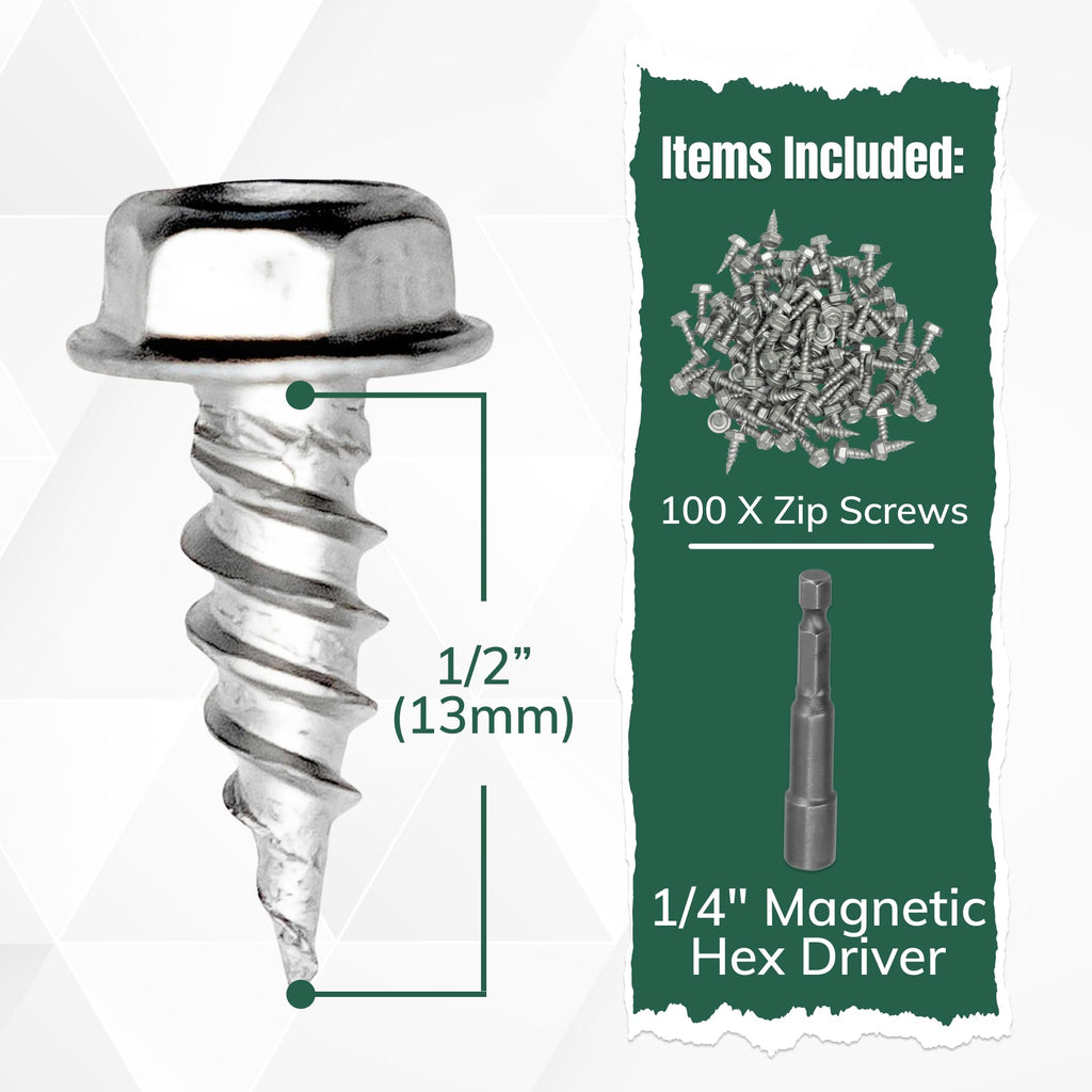 A-M Gutter Guard - 1/2" #8 Stainless Steel Zip Screws - Self-Piercing Xtra Sharp Tip - Mill Finish - 1/4" Hex Washer Head –100 Pack-Includes 1/4" Magnetic Hex Driver – for Gutter Install