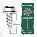 A-M Gutter Guard - 1/2" #8 Stainless Steel Zip Screws - Self-Piercing Xtra Sharp Tip - Mill Finish - 1/4" Hex Washer Head –100 Pack-Includes 1/4" Magnetic Hex Driver – for Gutter Install