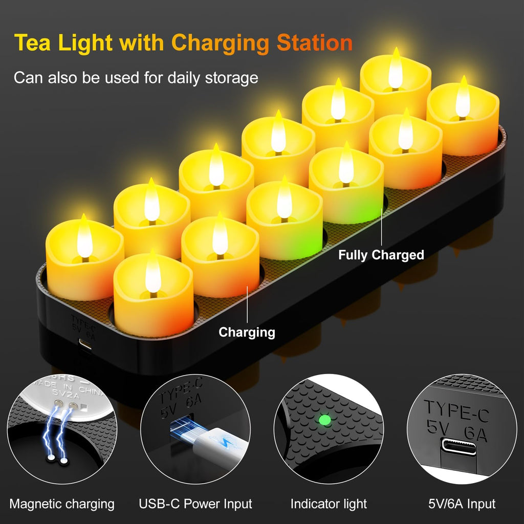 YiaMia Upgraded Rechargeable Tea Lights with Magnetic Charging Base 12 Pack