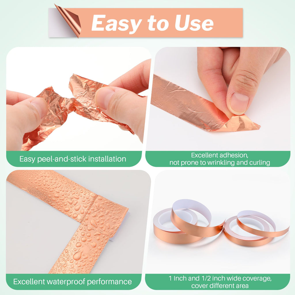 Mysora 2 Pcs Copper Tape for Slugs and Snails, 1 Inch x 66 ft and 1/2 Inch X 66 ft Copper Slug and Snail Barrier Tape, Non Toxic, Pet Safe, for Pots, Eaves, Gardens, Places Where Snails Might Climb
